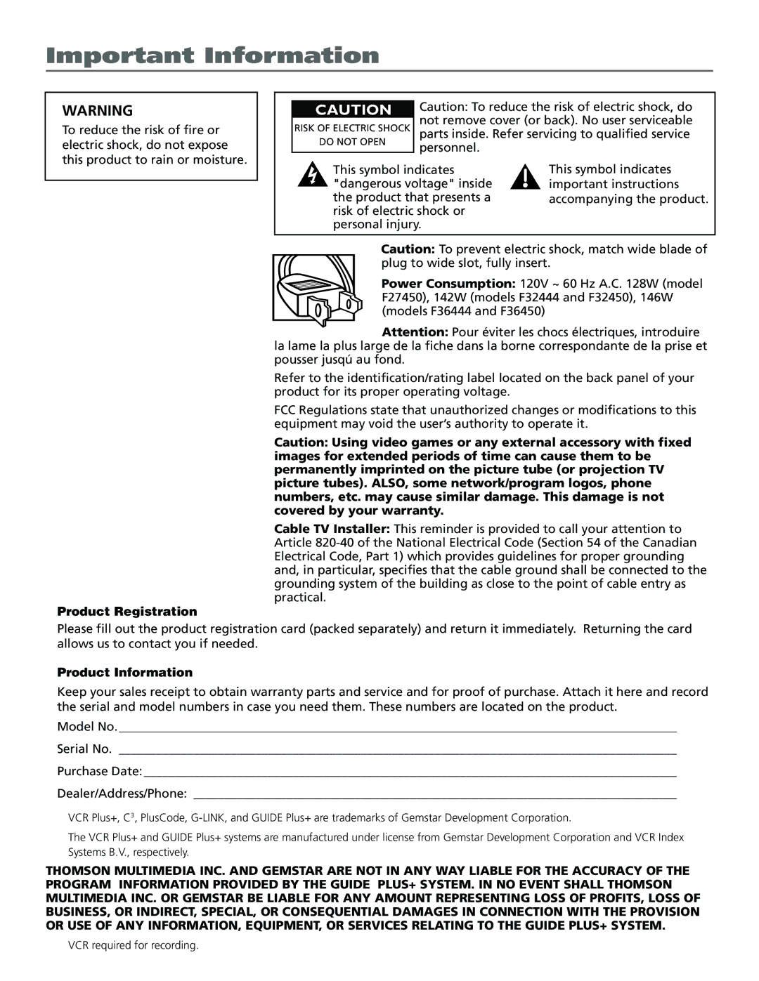 RCA F27450, F32444, F32450, F36444, F36450 manual Important Information, Product Registration 