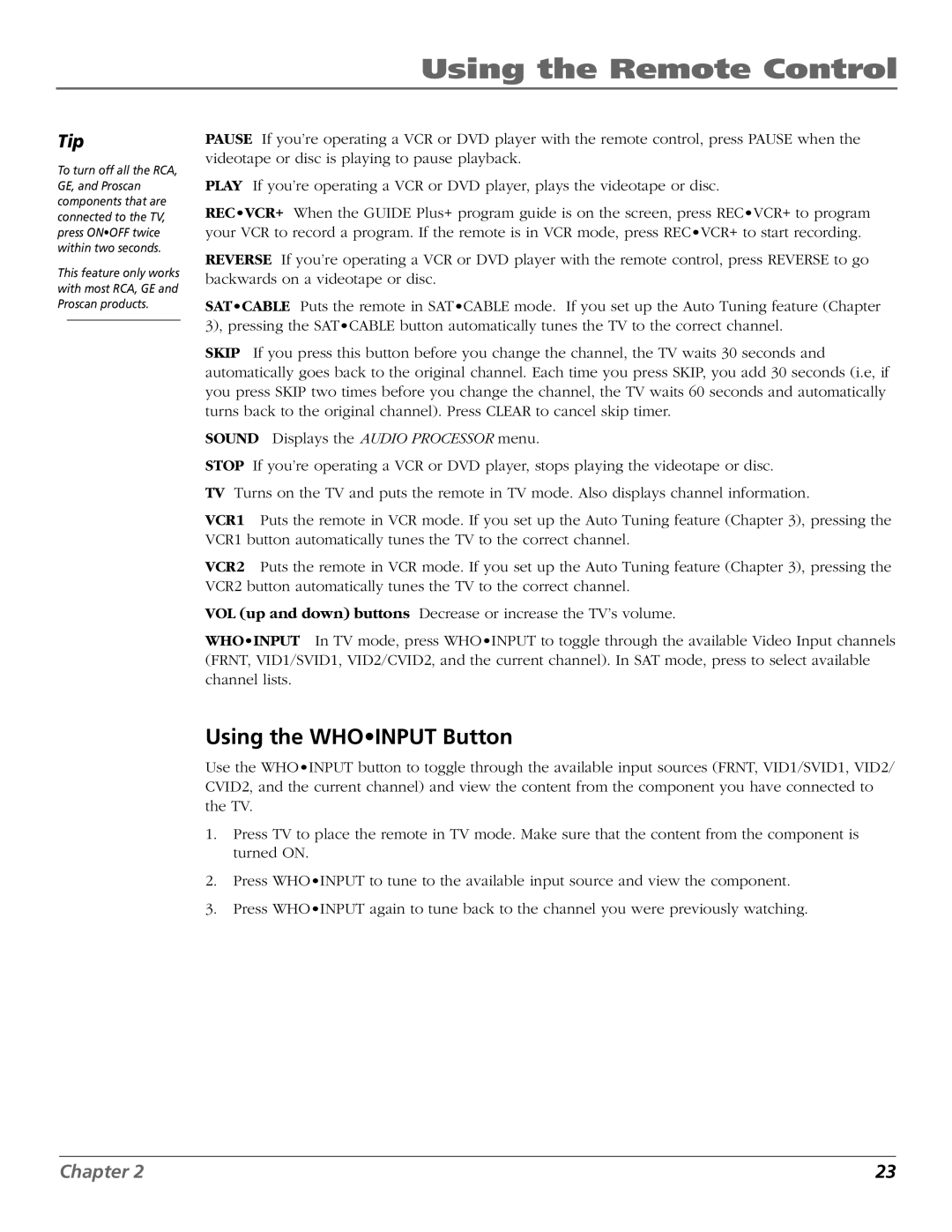 RCA F27450, F32444, F32450, F36444, F36450 manual Using the Whoinput Button 