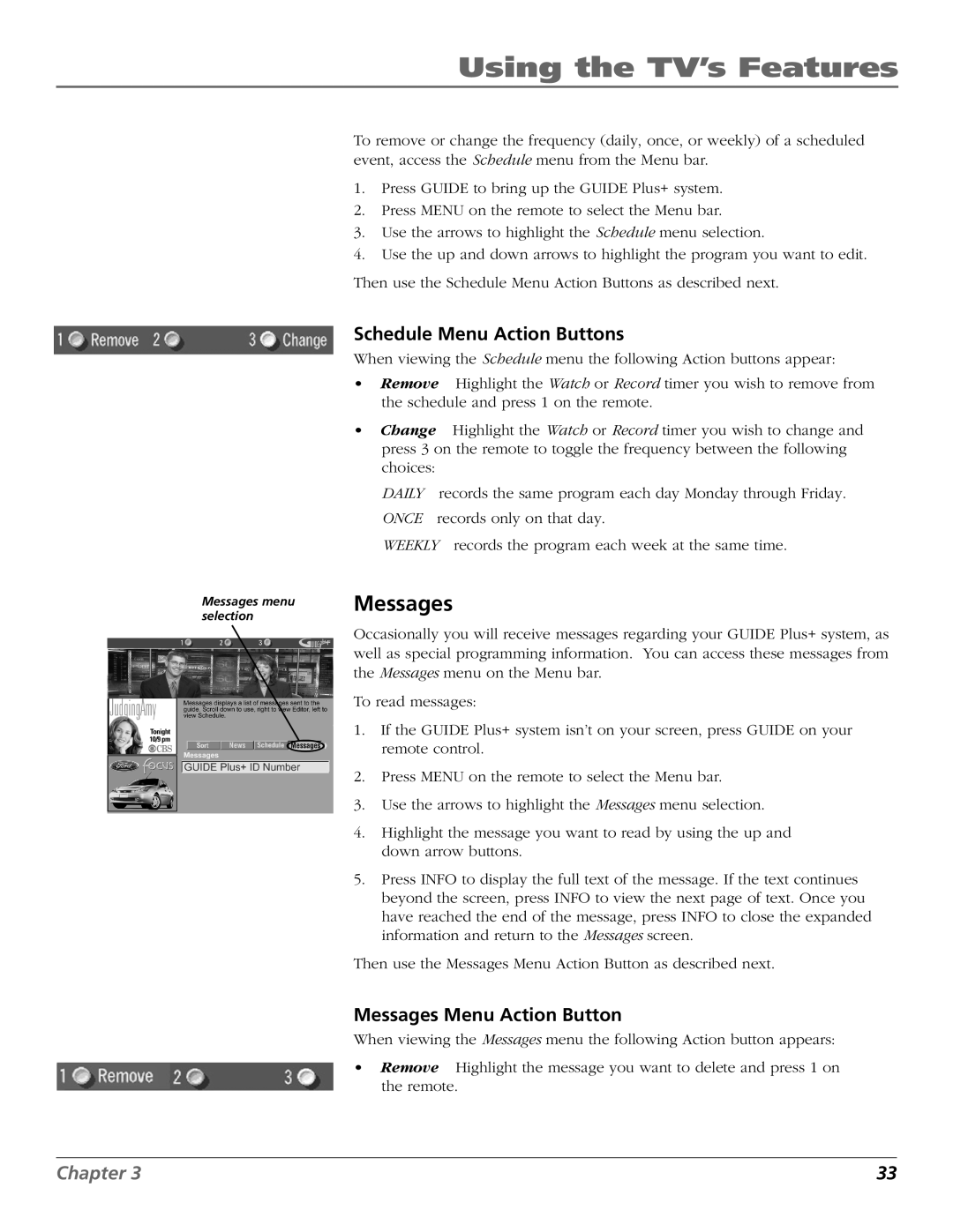 RCA F27450, F32444, F32450, F36444, F36450 manual Schedule Menu Action Buttons, Messages Menu Action Button 