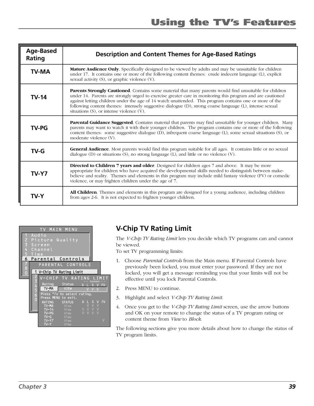 RCA F27450, F32444, F32450, F36444, F36450 manual Chip TV Rating Limit, TV-14 