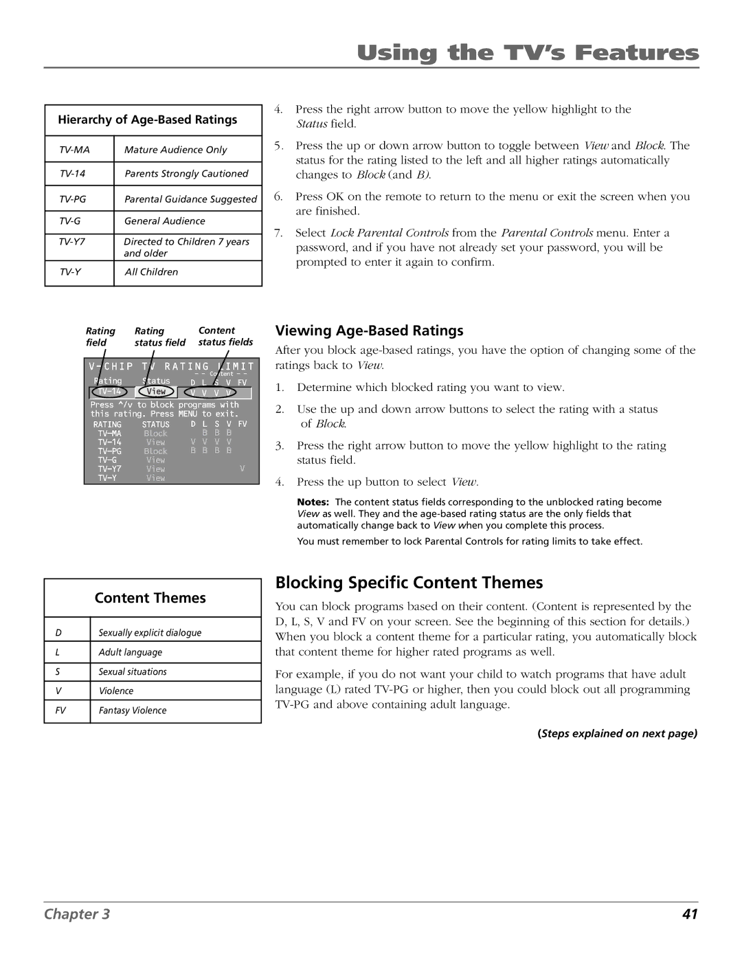 RCA F27450, F32444, F32450, F36444, F36450 manual Blocking Specific Content Themes, Viewing Age-Based Ratings 