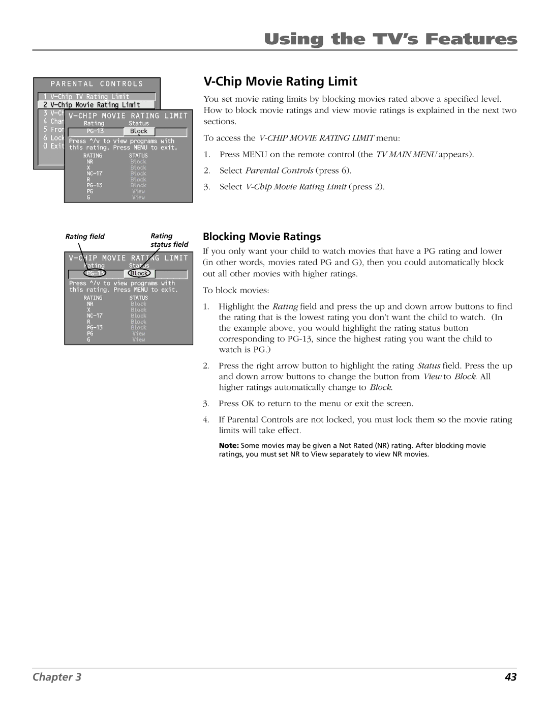 RCA F27450, F32444, F32450, F36444, F36450 manual Chip Movie Rating Limit, Blocking Movie Ratings 