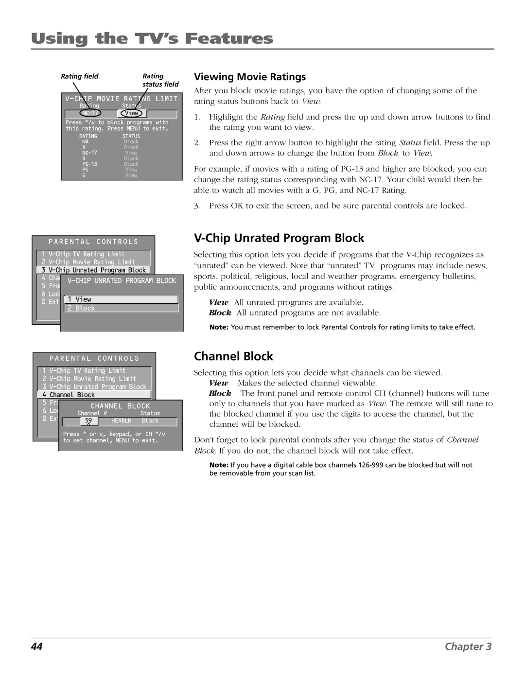 RCA F27450, F32444, F32450, F36444, F36450 manual Chip Unrated Program Block, Channel Block, Viewing Movie Ratings 