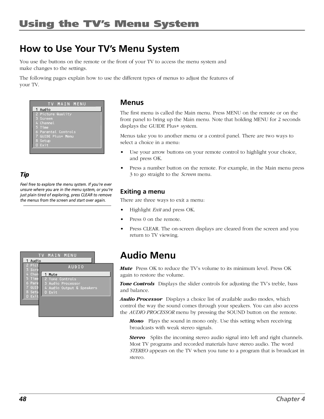 RCA F27450, F32444, F32450, F36444, F36450 Using the TV’s Menu System, How to Use Your TV’s Menu System, Audio Menu, Menus 