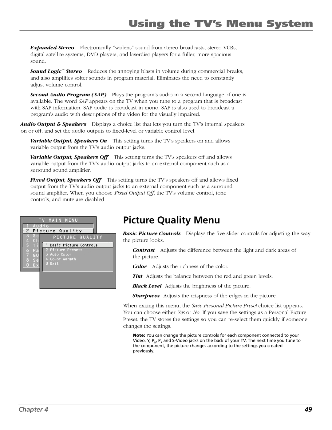 RCA F27450, F32444, F32450, F36444, F36450 manual Picture Quality Menu 