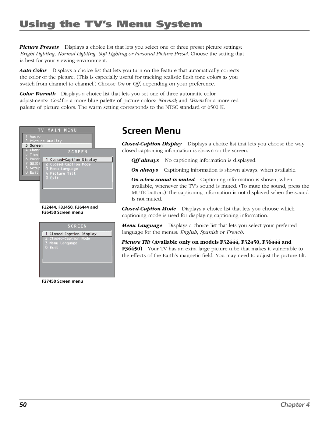 RCA F27450, F32444, F32450, F36444, F36450 manual Screen Menu 