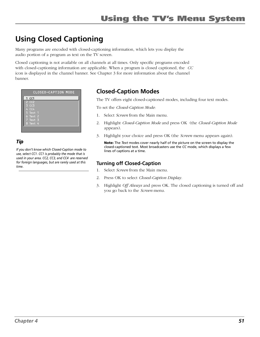 RCA F27450, F32444, F32450, F36444, F36450 manual Using Closed Captioning, Closed-Caption Modes, Turning off Closed-Caption 