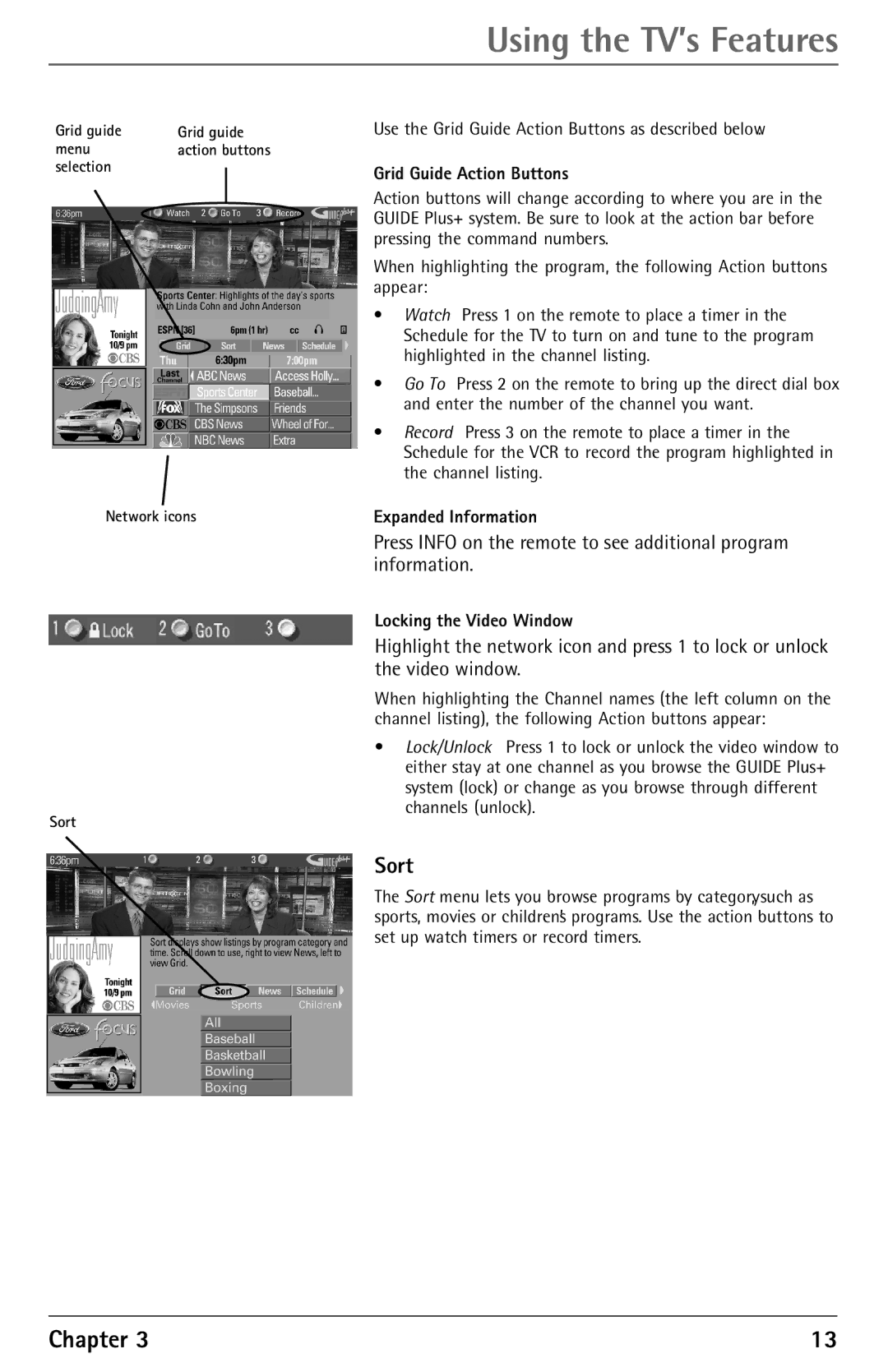 RCA F27450 manual Sort, Grid Guide Action Buttons, Expanded Information, Locking the Video Window 