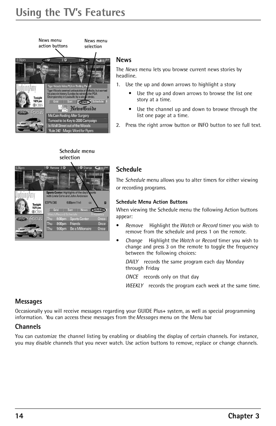 RCA F27450 manual News, Messages, Channels, Schedule Menu Action Buttons 