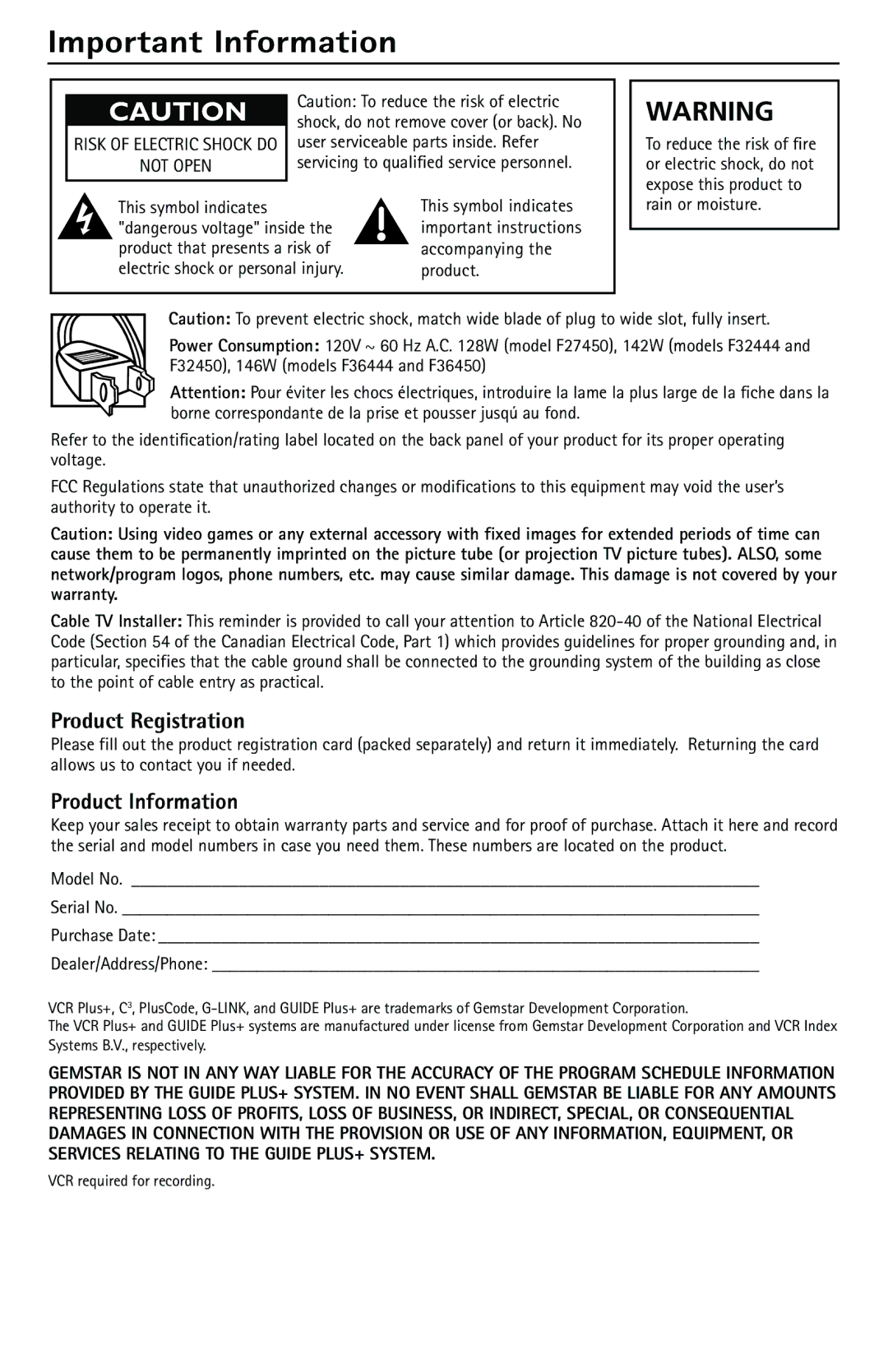 RCA F27450 manual Product Registration, Product Information 