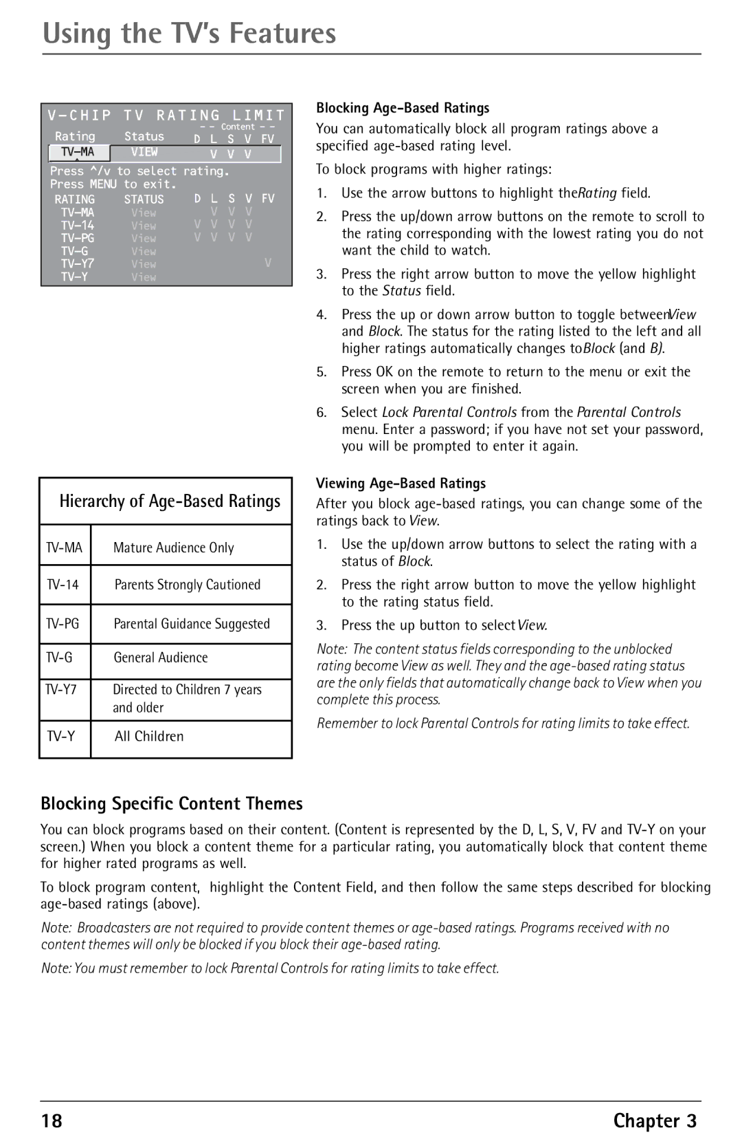 RCA F27450 manual Blocking Specific Content Themes, Hierarchy of Age-Based Ratings, Chip TV Rating Limit 