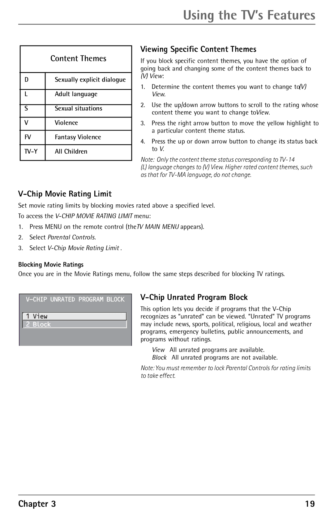 RCA F27450 manual Viewing Specific Content Themes, Chip Movie Rating Limit, Chip Unrated Program Block 