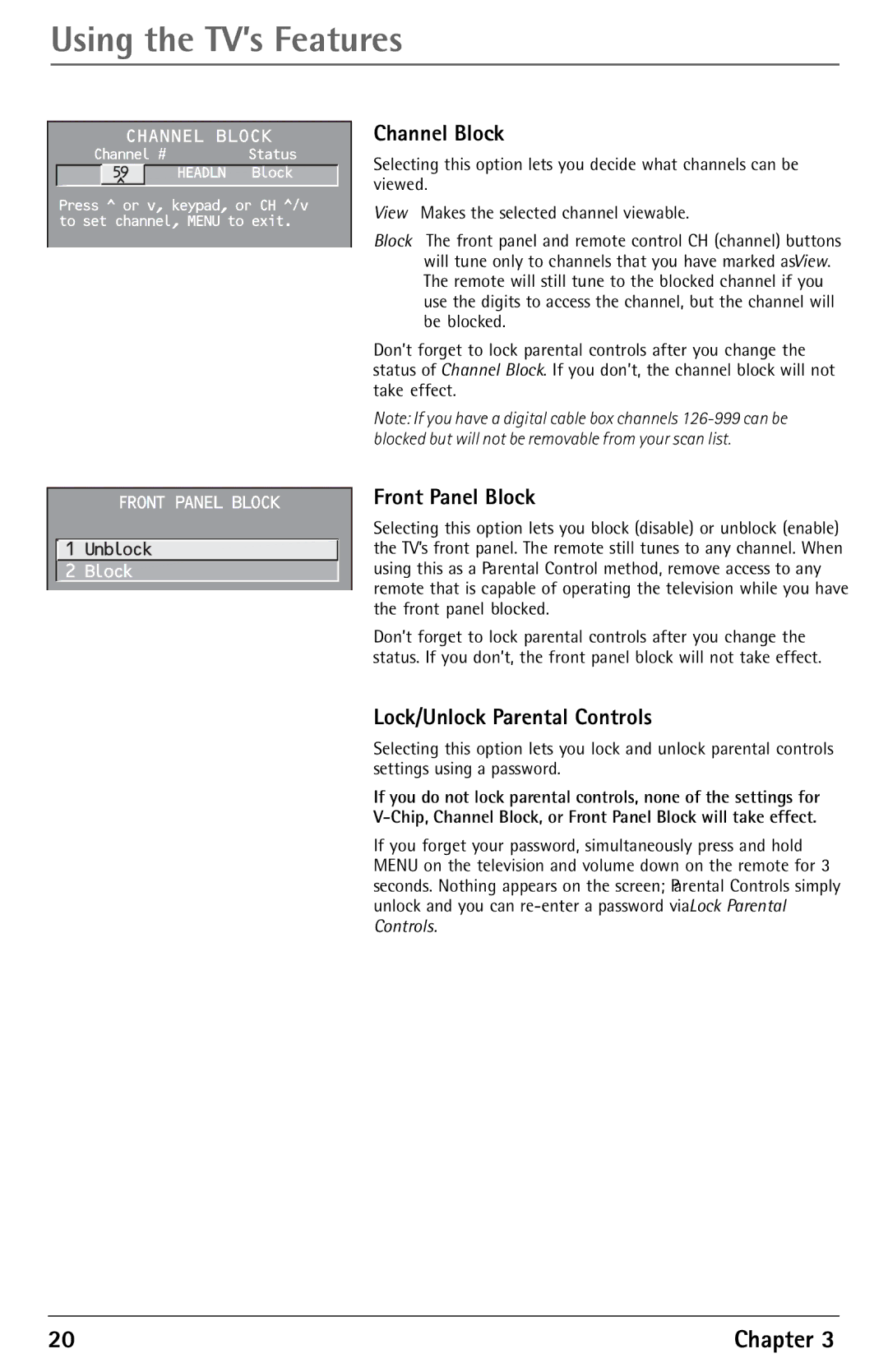 RCA F27450 manual Channel Block, Front Panel Block, Lock/Unlock Parental Controls 