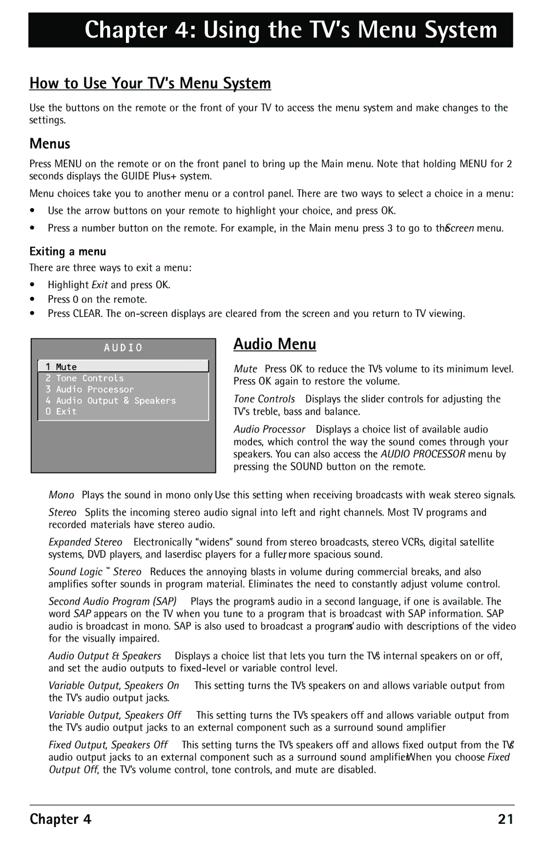 RCA F27450 manual How to Use Your TV’s Menu System, Audio Menu, Menus, Exiting a menu 