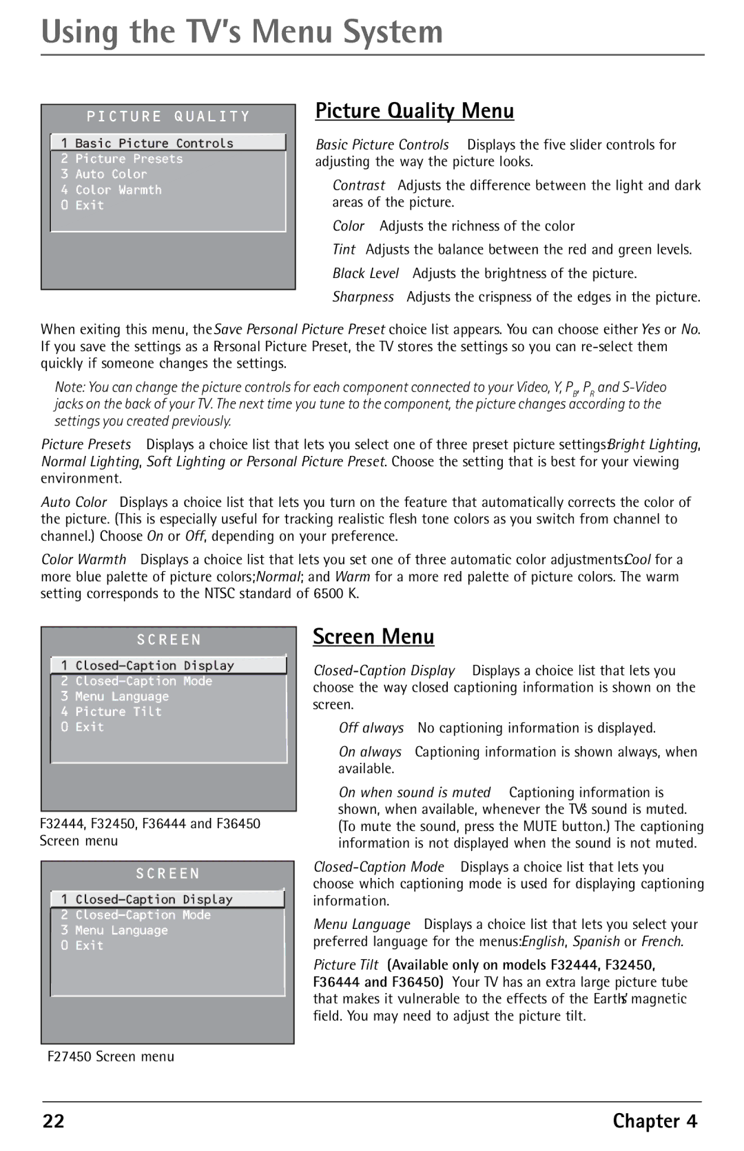 RCA F27450 manual Picture Quality Menu, Screen Menu 