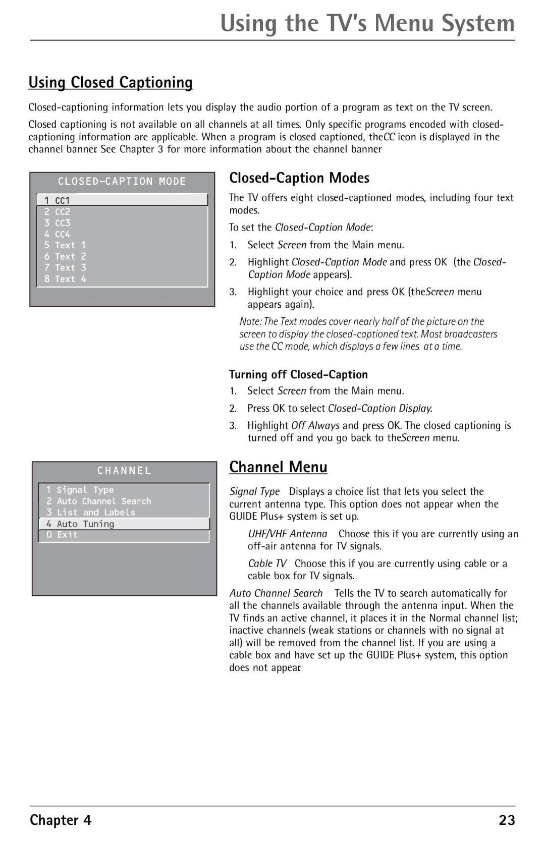 RCA F27450 manual Using Closed Captioning, Channel Menu, Closed-Caption Modes, Turning off Closed-Caption 