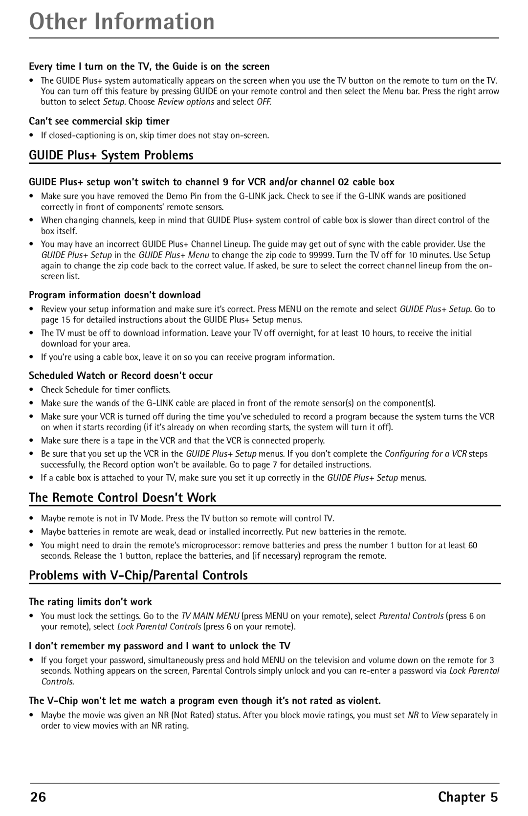 RCA F27450 manual Guide Plus+ System Problems, Remote Control Doesn’t Work, Problems with V-Chip/Parental Controls 