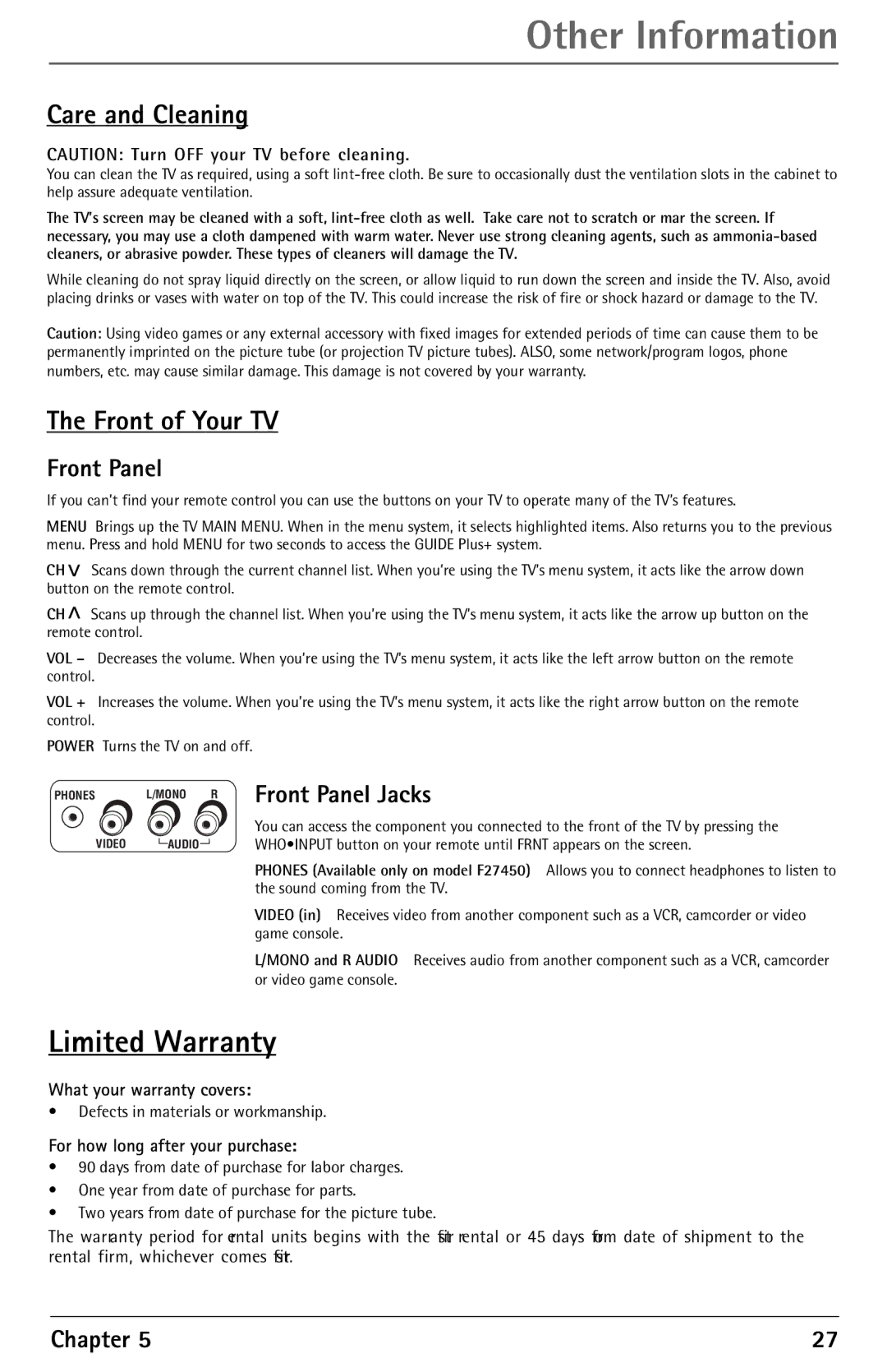 RCA F27450 manual Care and Cleaning, Front of Your TV, Front Panel Jacks 