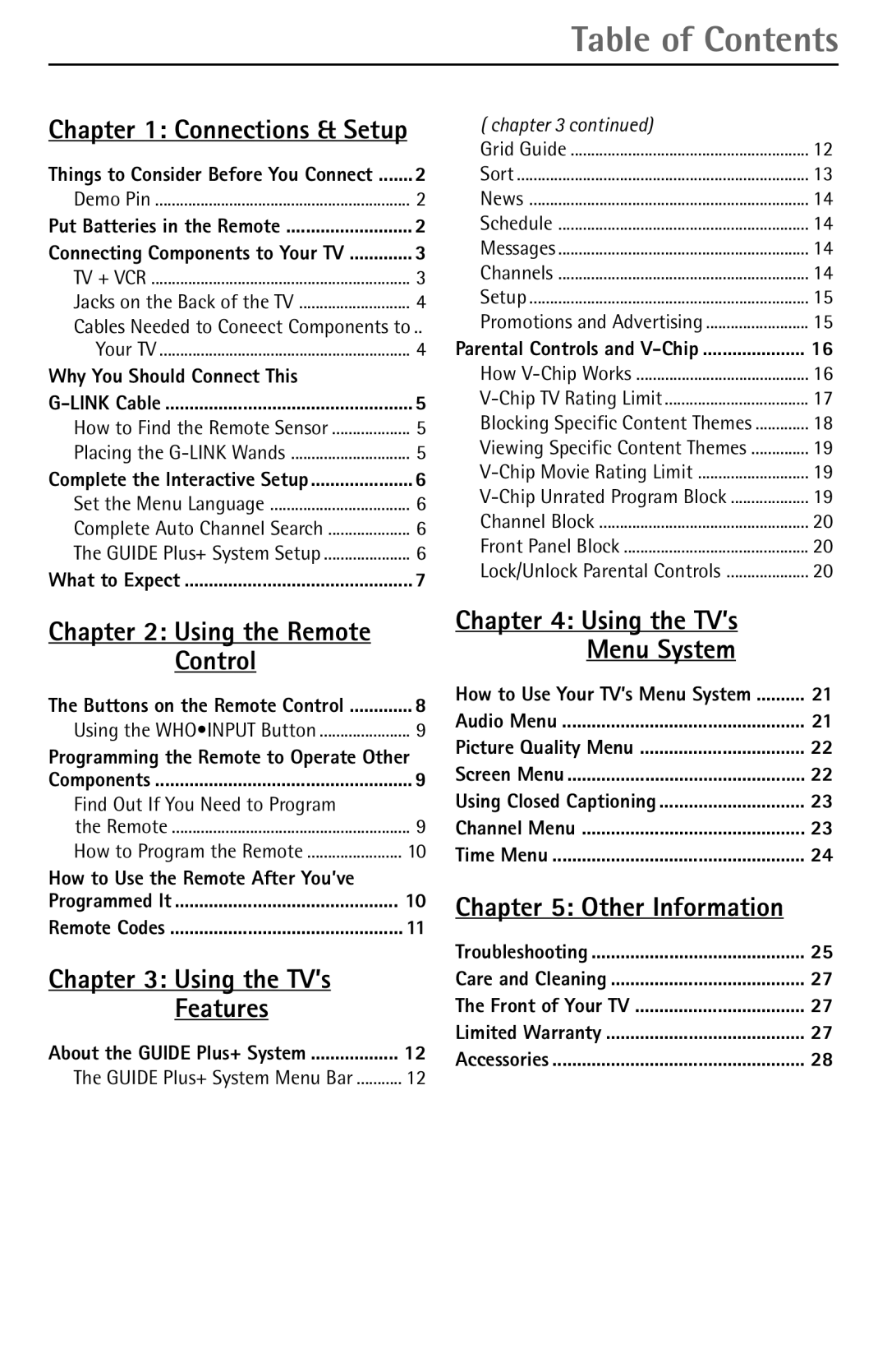 RCA F27450 manual Table of Contents 