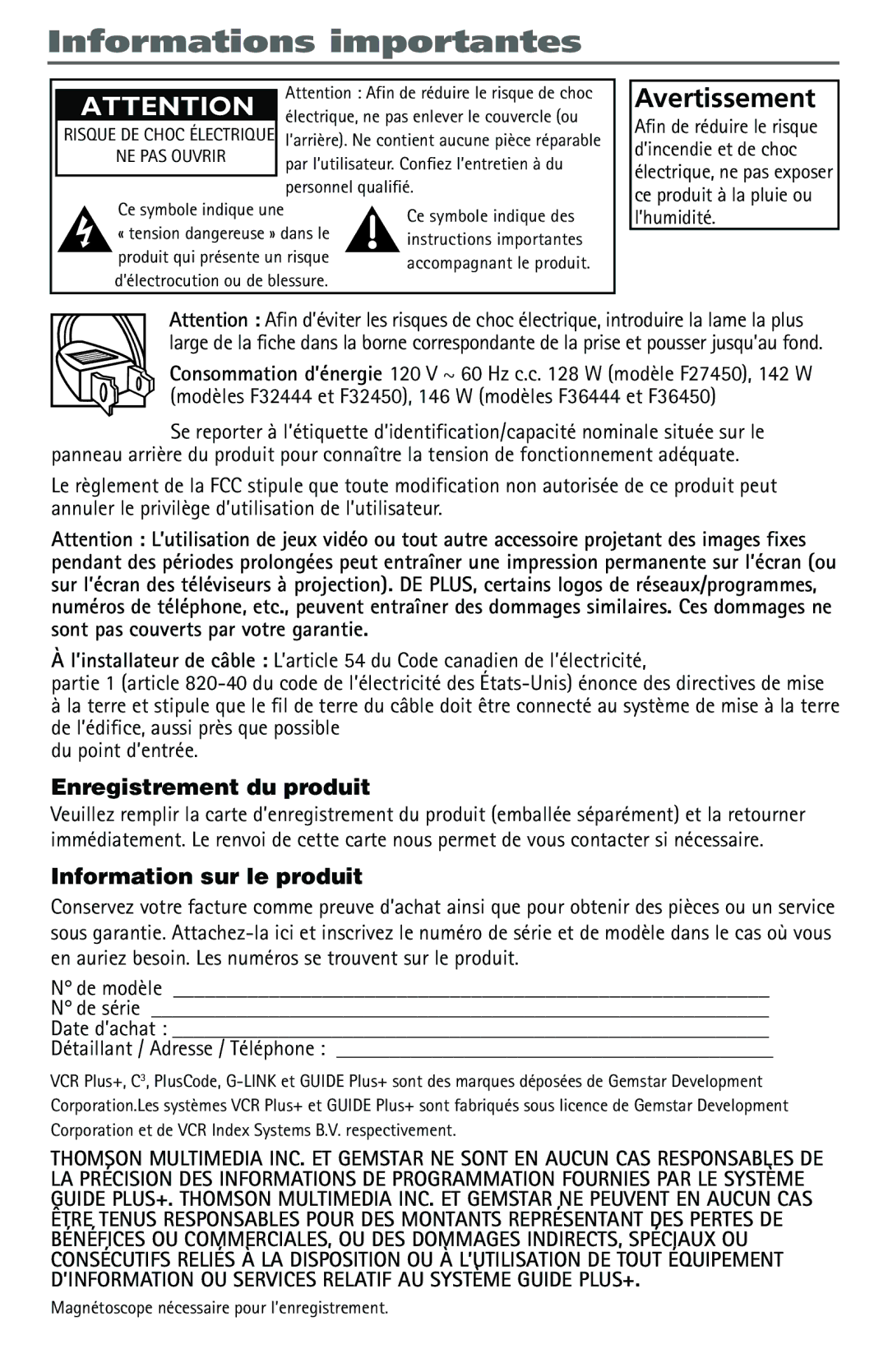 RCA F27450 manual Informations importantes, Avertissement 