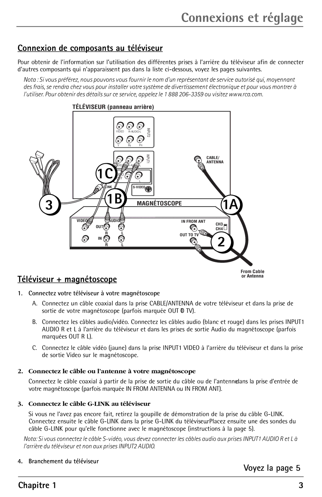 RCA F27450 Connexion de composants au téléviseur, Téléviseur + magnétoscope, Voyez la Chapitre, Branchement du téléviseur 