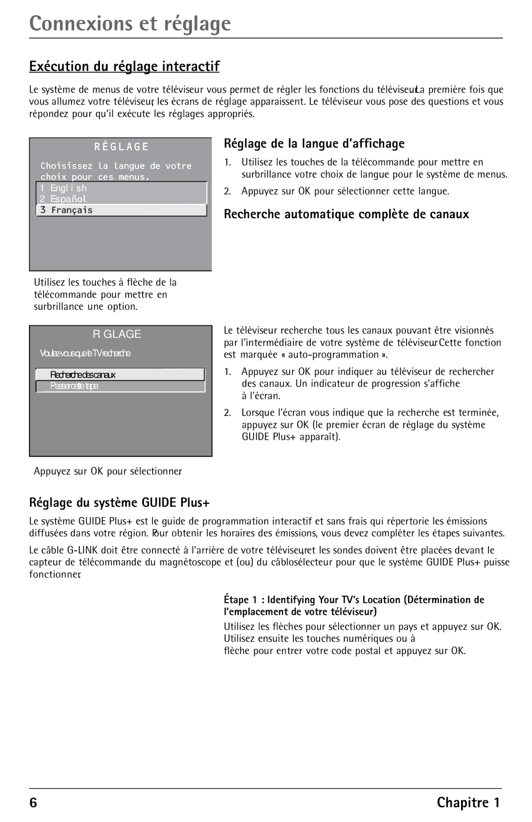 RCA F27450 Exécution du réglage interactif, Réglage de la langue d’affichage, Recherche automatique complète de canaux 