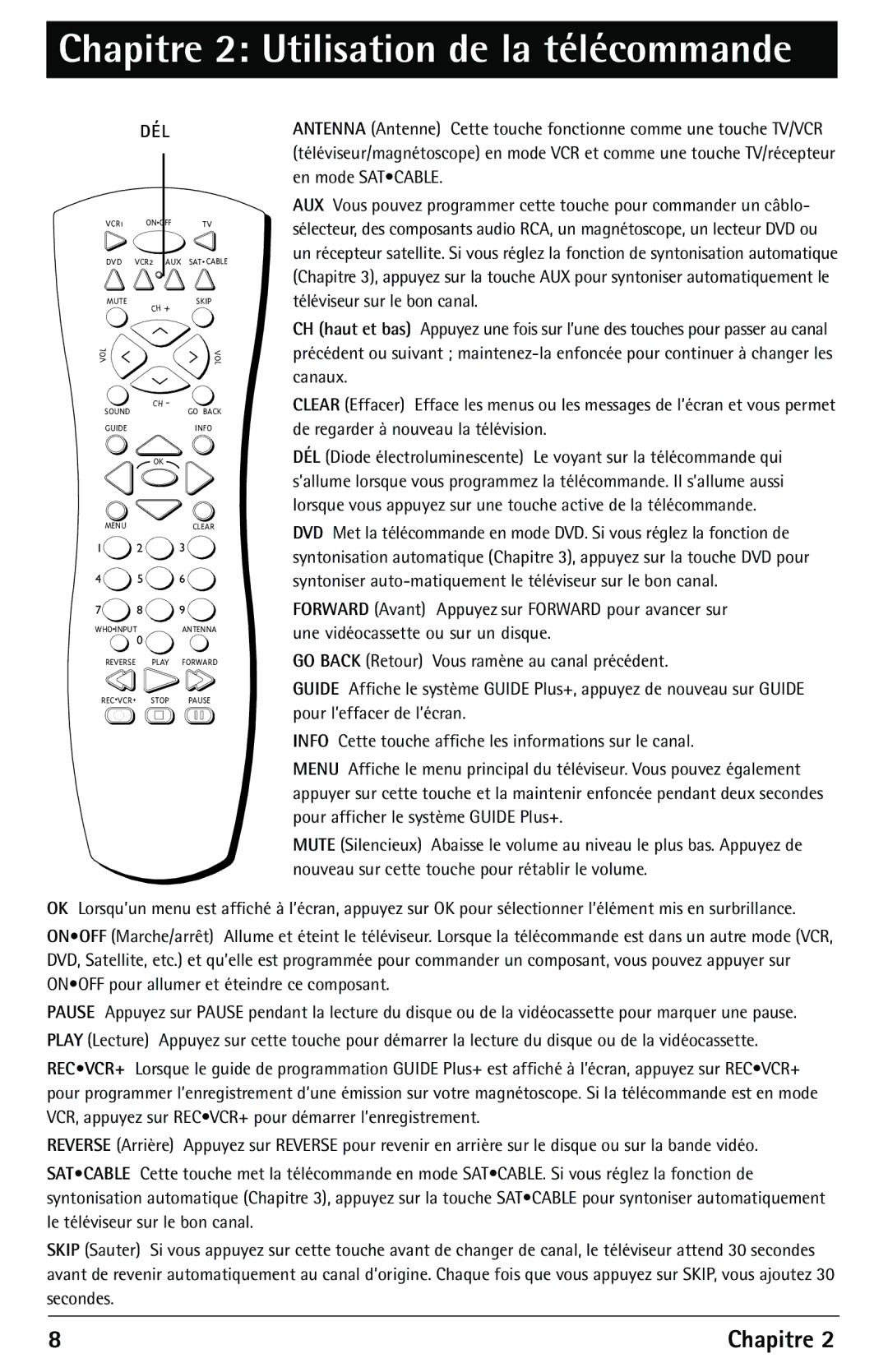 RCA F27450 manual Chapitre 2 Utilisation de la télécommande 