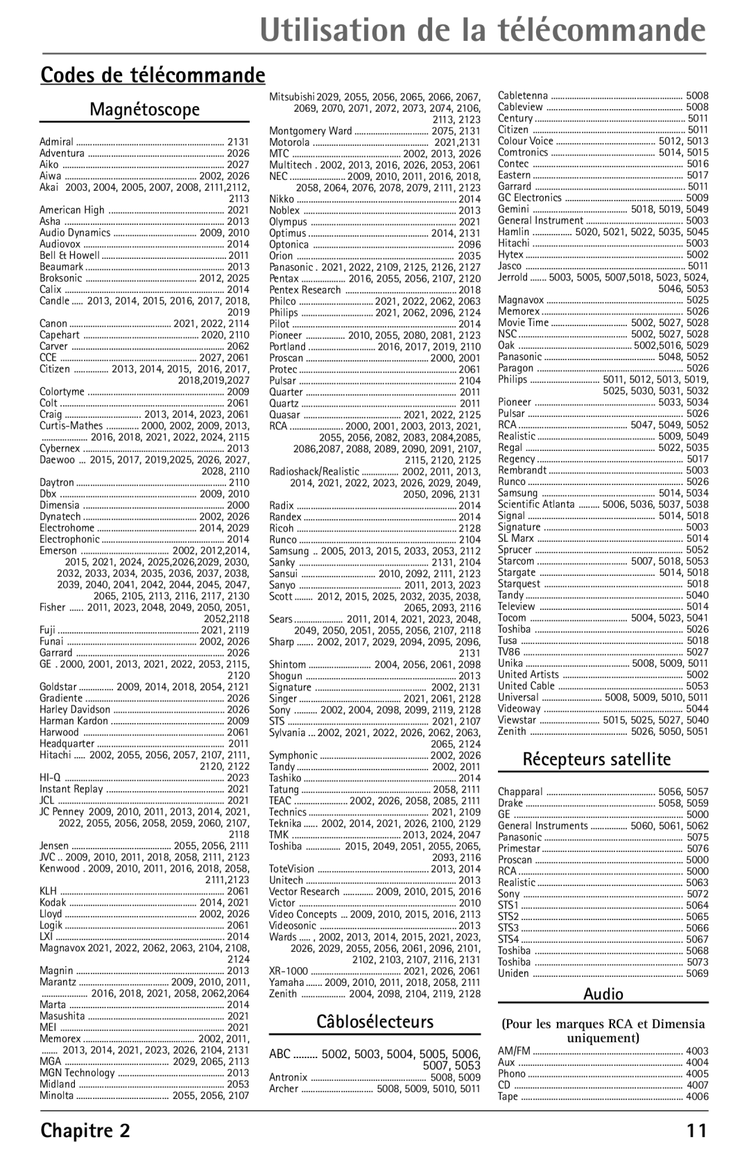 RCA F27450 manual Codes de télécommande, Câblosélecteurs, Récepteurs satellite 