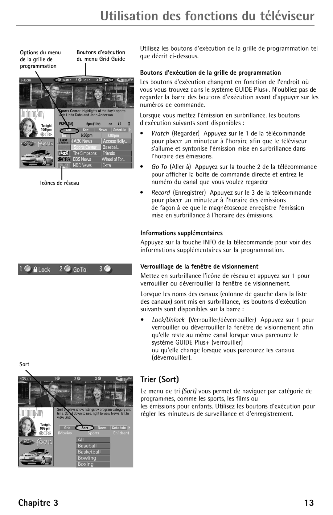 RCA F27450 manual Trier Sort, Boutons d’exécution de la grille de programmation, Informations supplémentaires 