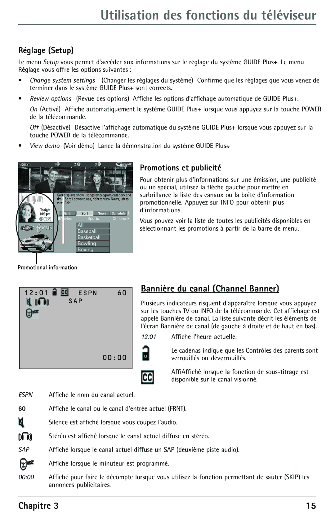 RCA F27450 manual Bannière du canal Channel Banner, Réglage Setup, Promotions et publicité 