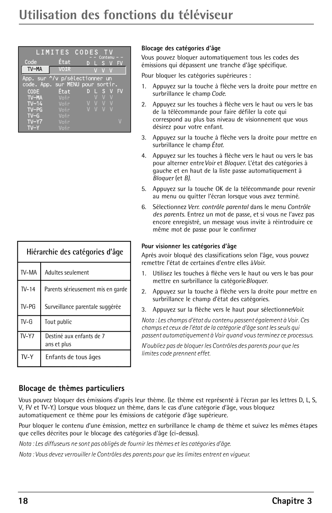 RCA F27450 Blocage de thèmes particuliers, Hiérarchie des catégories d’âge, Limites Codes TV, Blocage des catégories d’âge 
