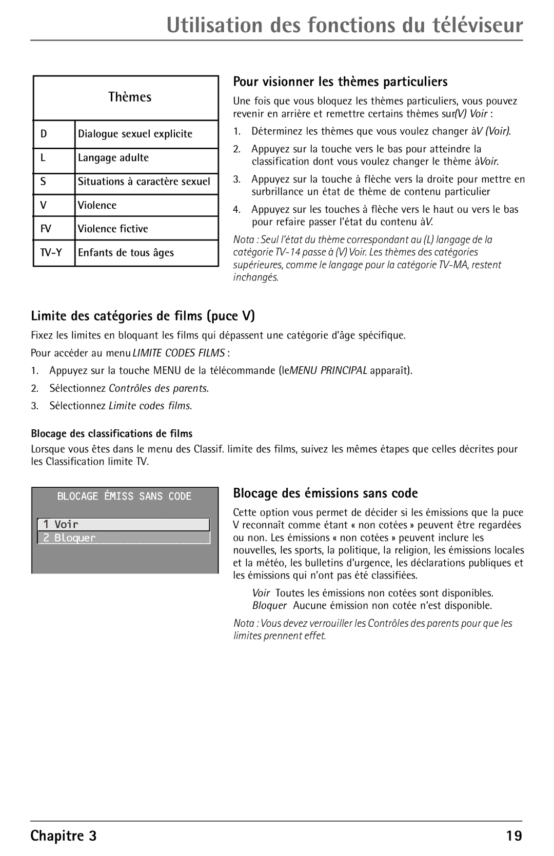 RCA F27450 manual Thèmes, Pour visionner les thèmes particuliers, Limite des catégories de films puce 