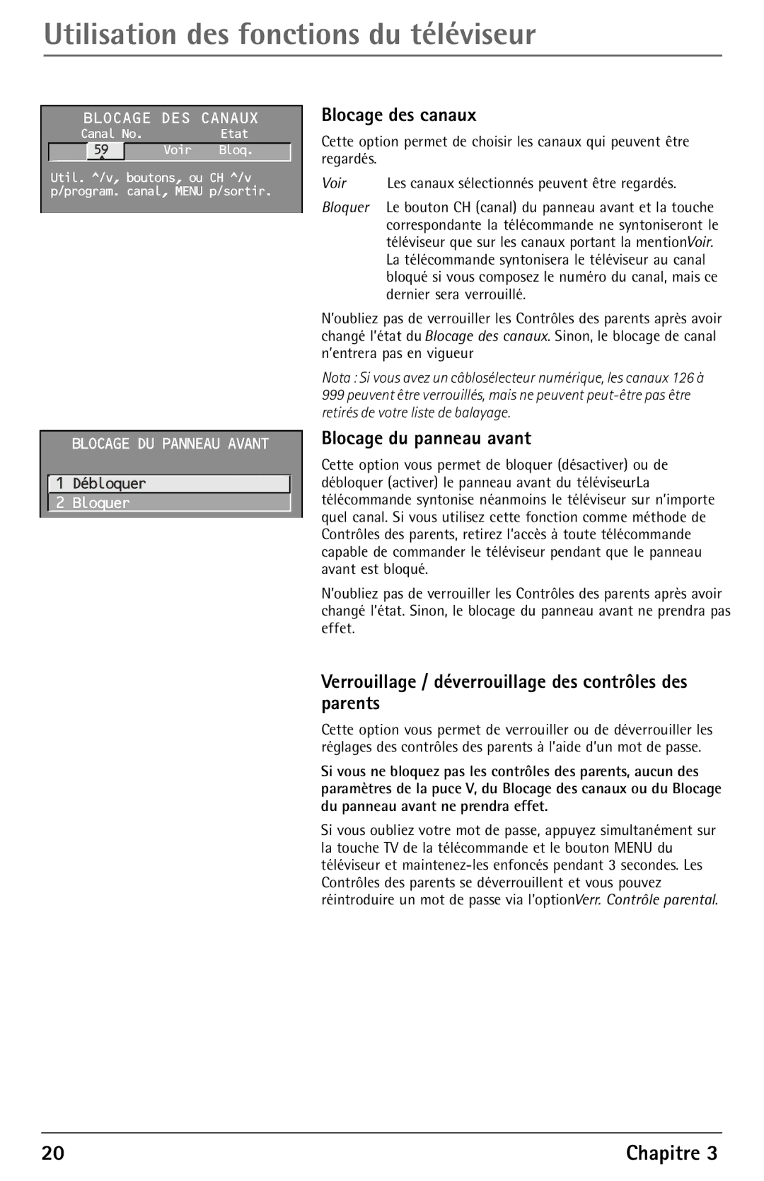 RCA F27450 manual Blocage des canaux, Blocage du panneau avant, Verrouillage / déverrouillage des contrôles des parents 