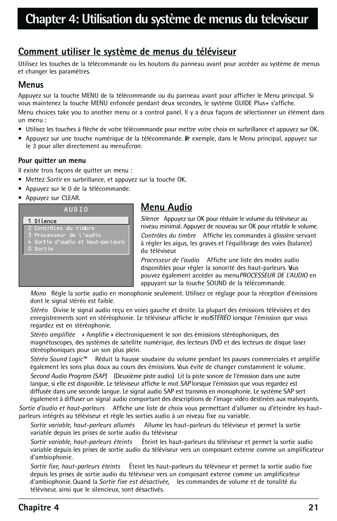 RCA F27450 manual Comment utiliser le système de menus du téléviseur, Menu Audio, Pour quitter un menu 