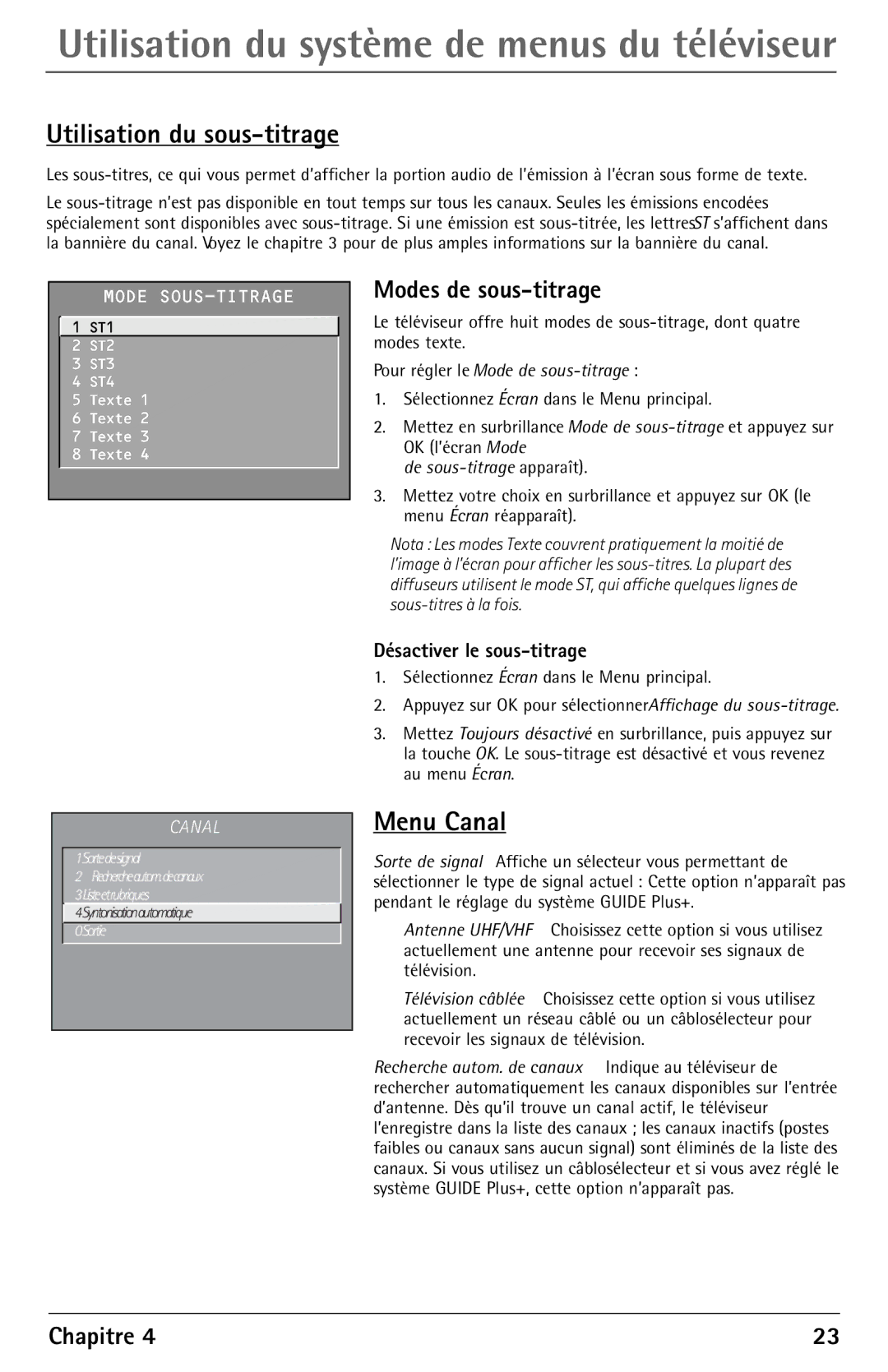 RCA F27450 manual Utilisation du sous-titrage, Menu Canal, Modes de sous-titrage, Désactiver le sous-titrage 