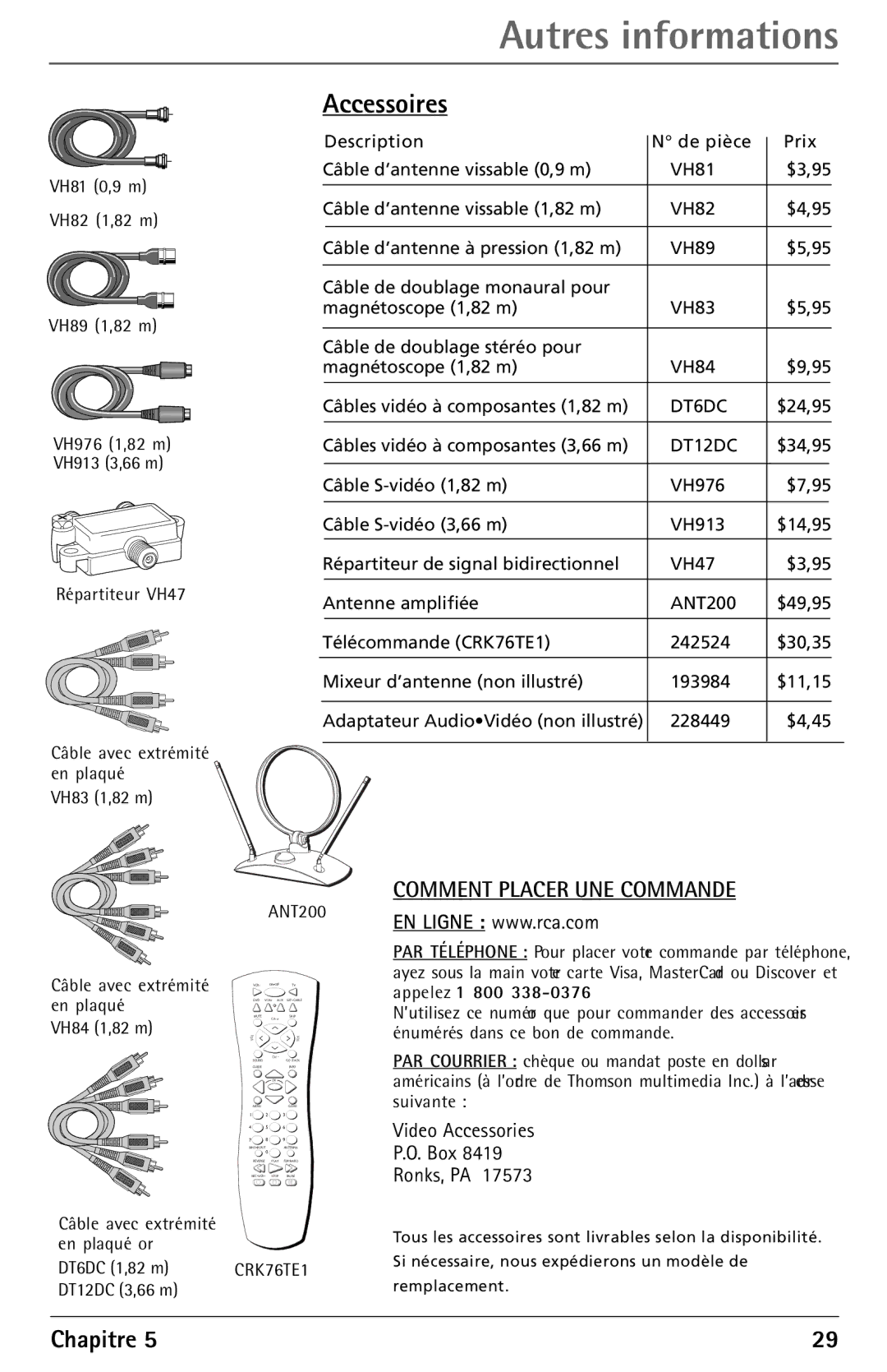 RCA F27450 manual Accessoires, Comment Placer UNE Commande 