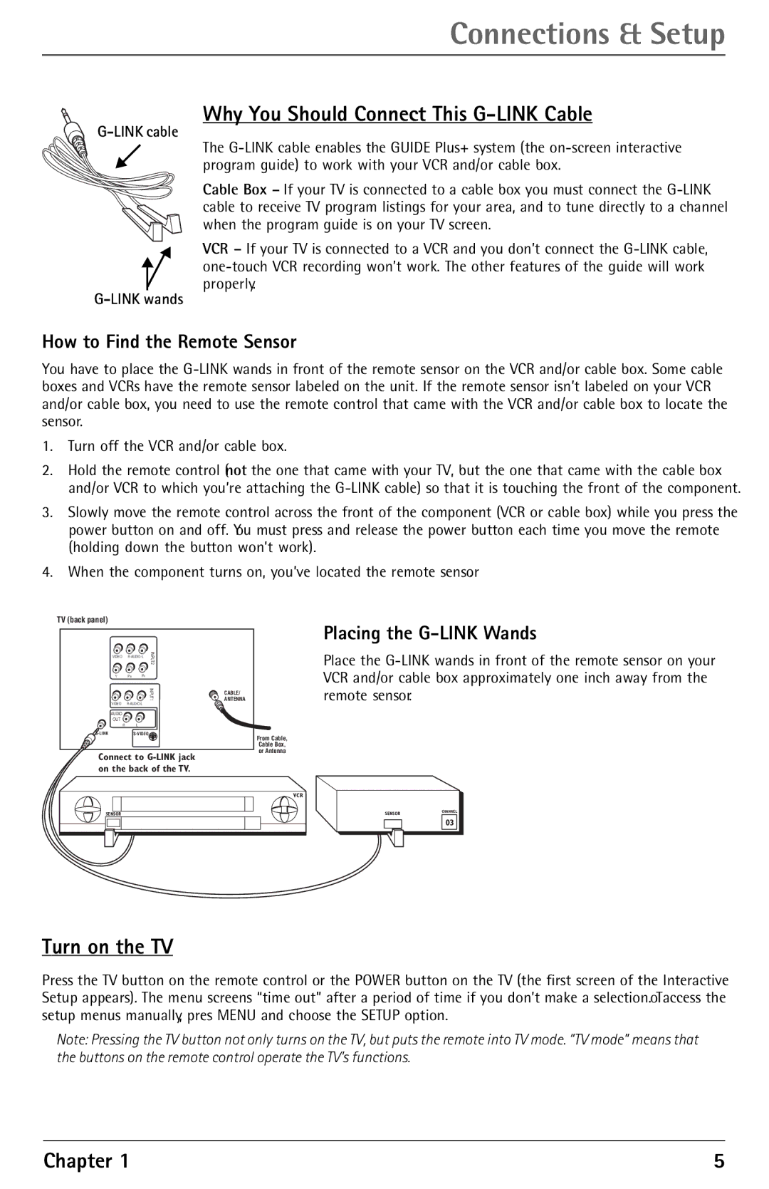 RCA F27450 manual Why You Should Connect This G-LINK Cable, Turn on the TV, How to Find the Remote Sensor, Link wands 