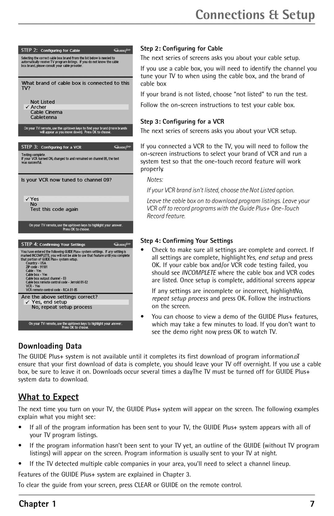 RCA F27450 manual What to Expect, Downloading Data, Configuring for Cable, Configuring for a VCR, Confirming Your Settings 