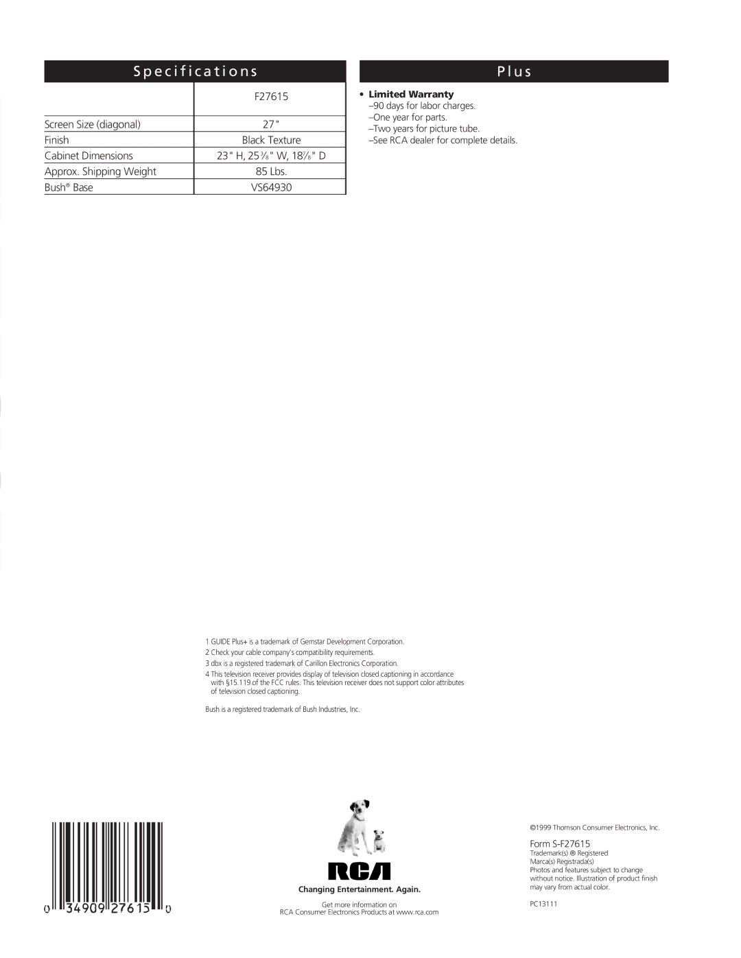 RCA manual Specification s U s, 85 Lbs, VS64930, Limited Warranty, Form S-F27615 