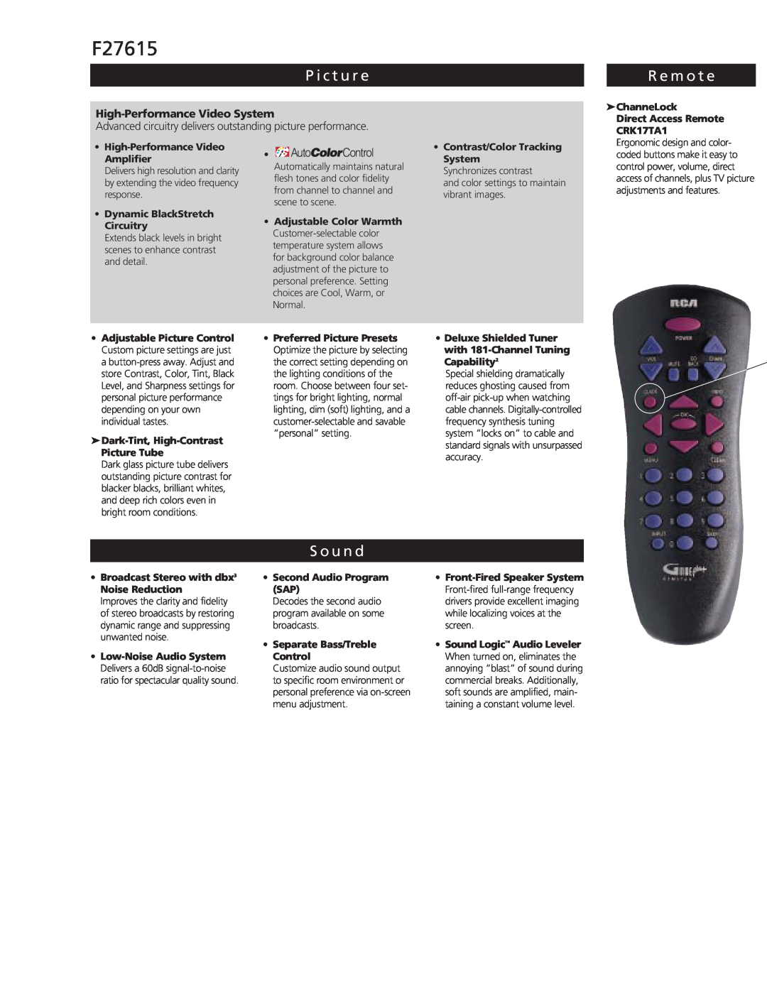 RCA F27615 manual P i c t u r e, R e m o t e, S o u n d, High-Performance Video System 