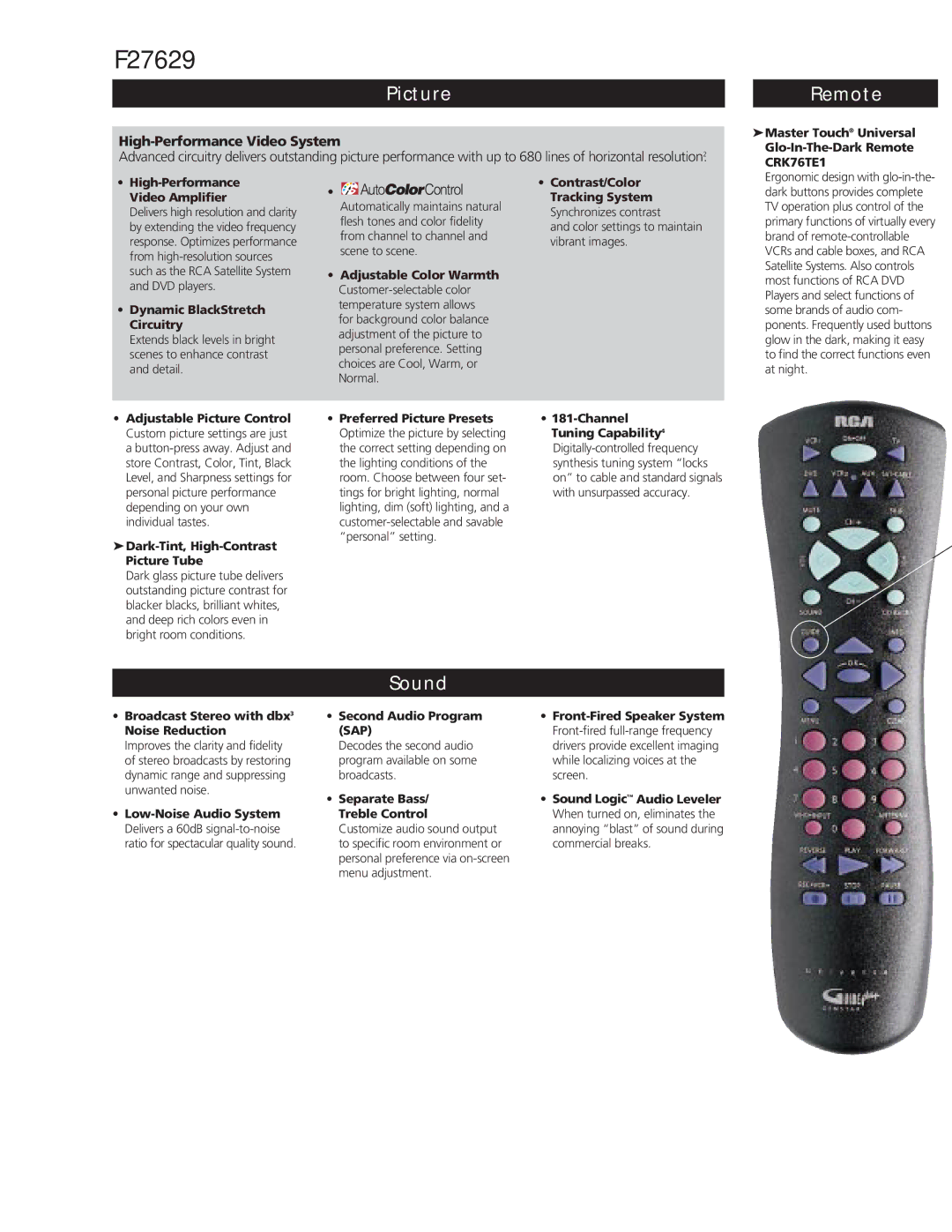 RCA F27629 manual Picture, Remote, Sound 