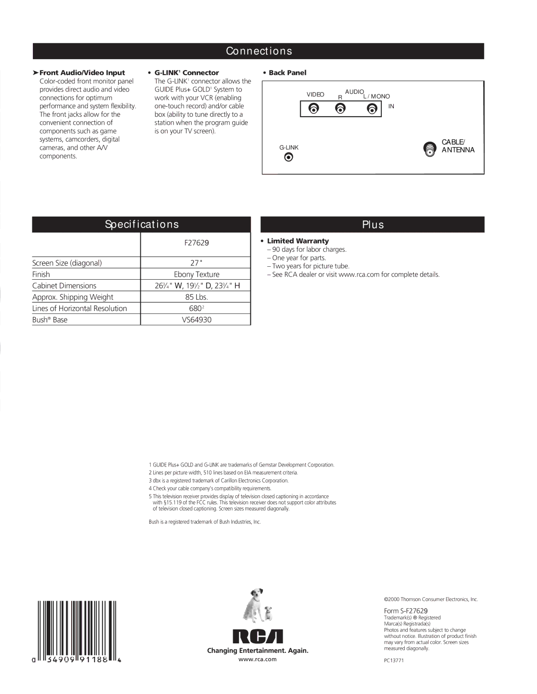 RCA F27629 manual Connections, Specifications Plus, Back Panel, Limited Warranty 