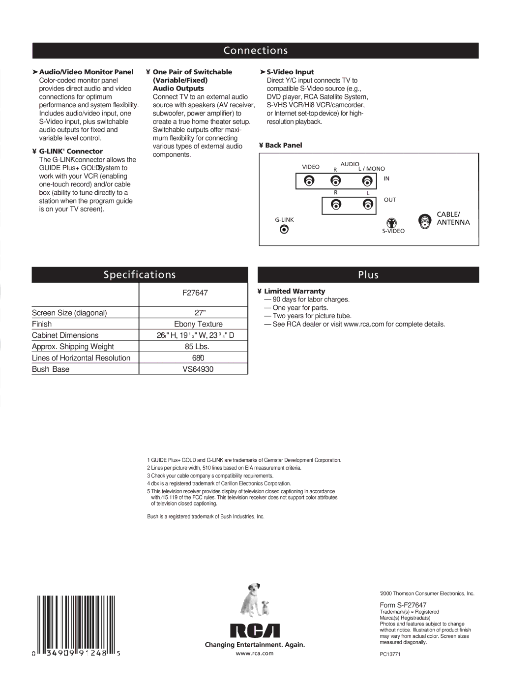 RCA F27647 manual Connections, Specifications Plus 