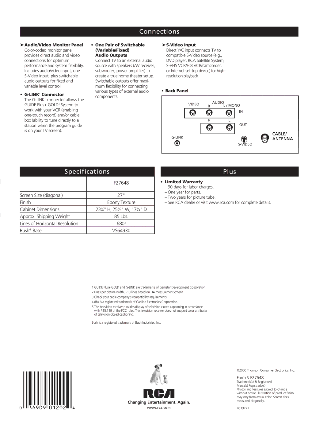 RCA F27648 manual Connections, Specifications Plus 