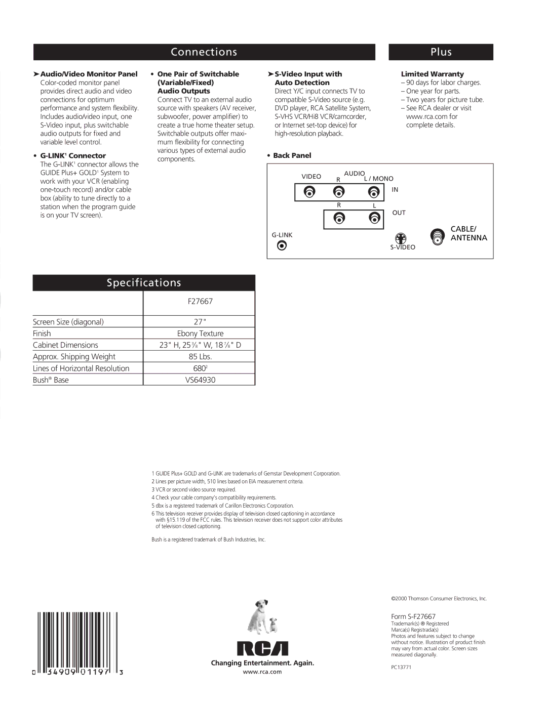 RCA F27667 manual Connections Plus, Specifications 