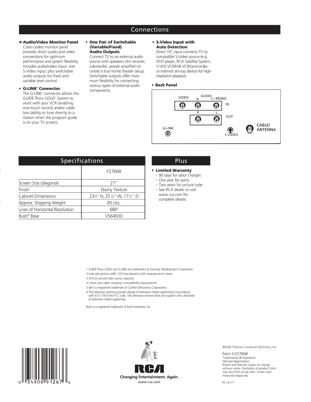 RCA F27668 manual Connections, Specifications Plus 