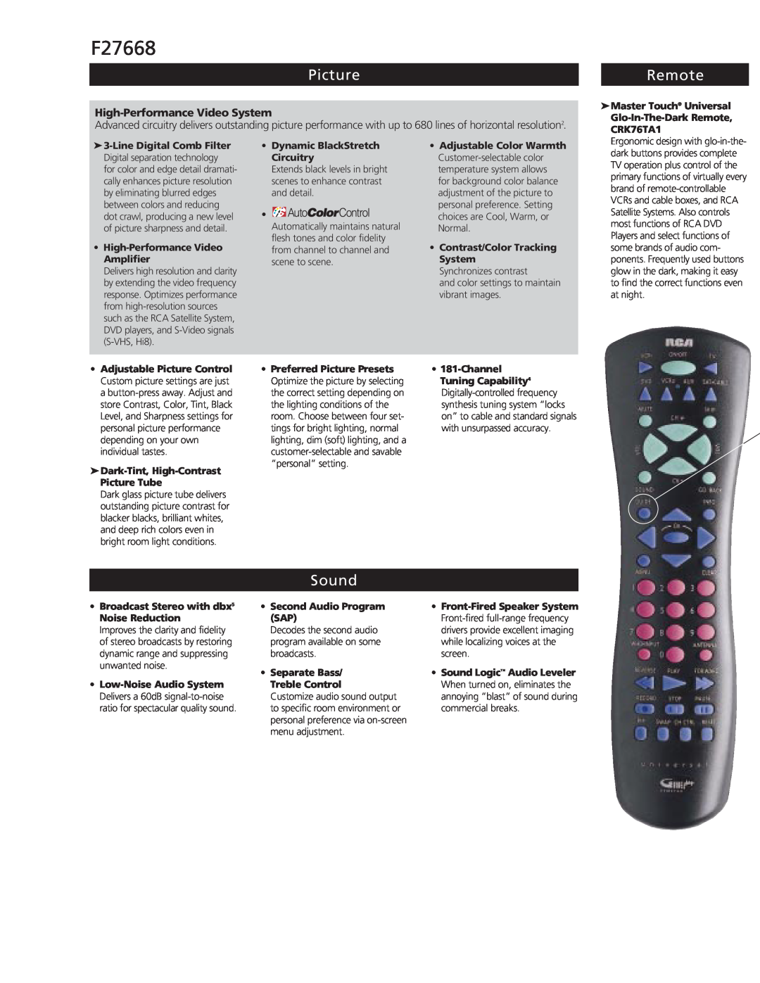 RCA F27668 manual Picture, Remote, Sound, High-Performance Video System 