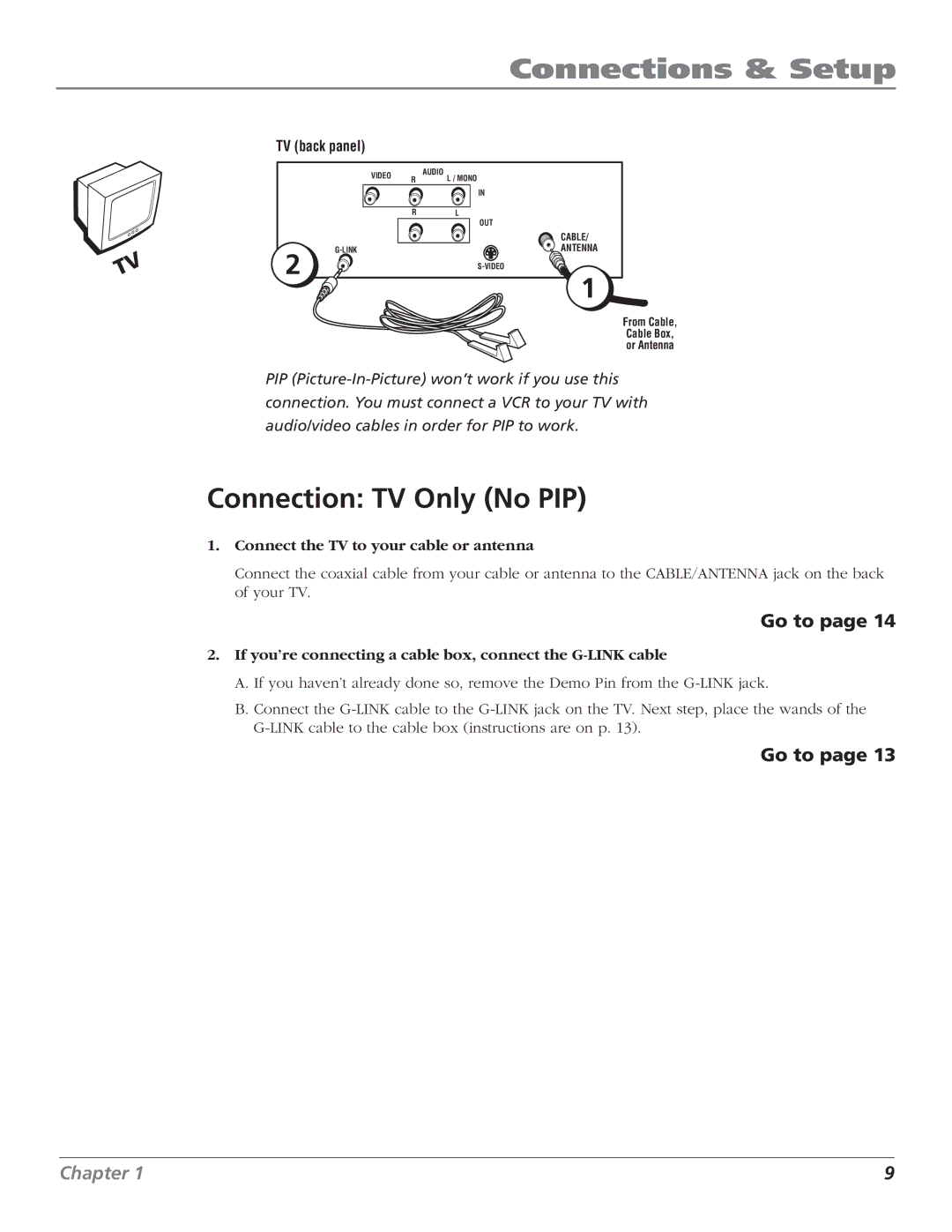 RCA F27669 manual Connection TV Only No PIP, TV back panel 