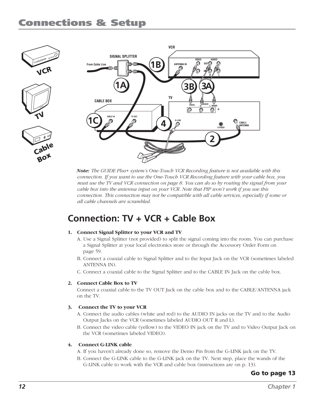 RCA F27669 manual Connection TV + VCR + Cable Box 