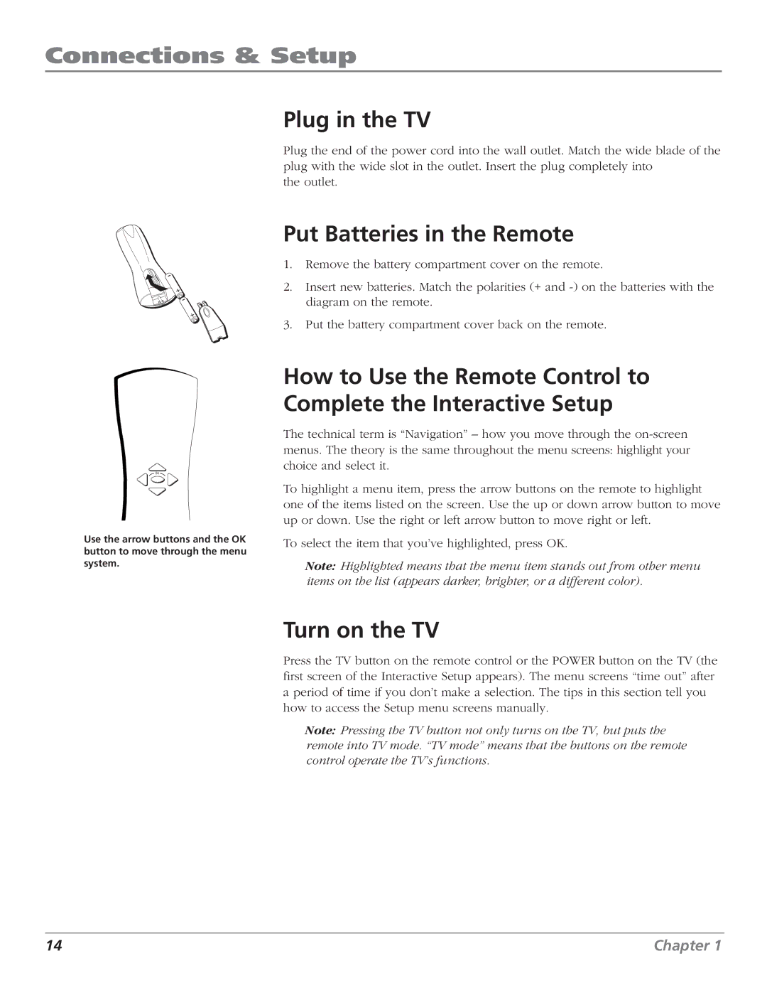 RCA F27669 manual Plug in the TV, Put Batteries in the Remote, Turn on the TV 